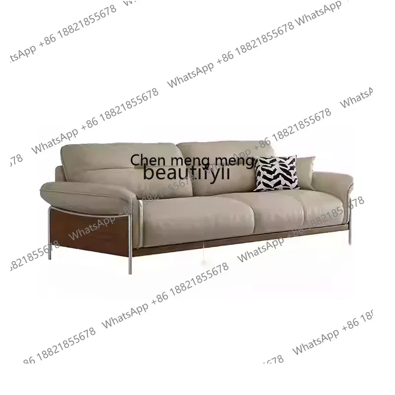 xzzS Medieval leather Italian minimalist straight row sofa retro double small apartment living room first layer cowhide sofa