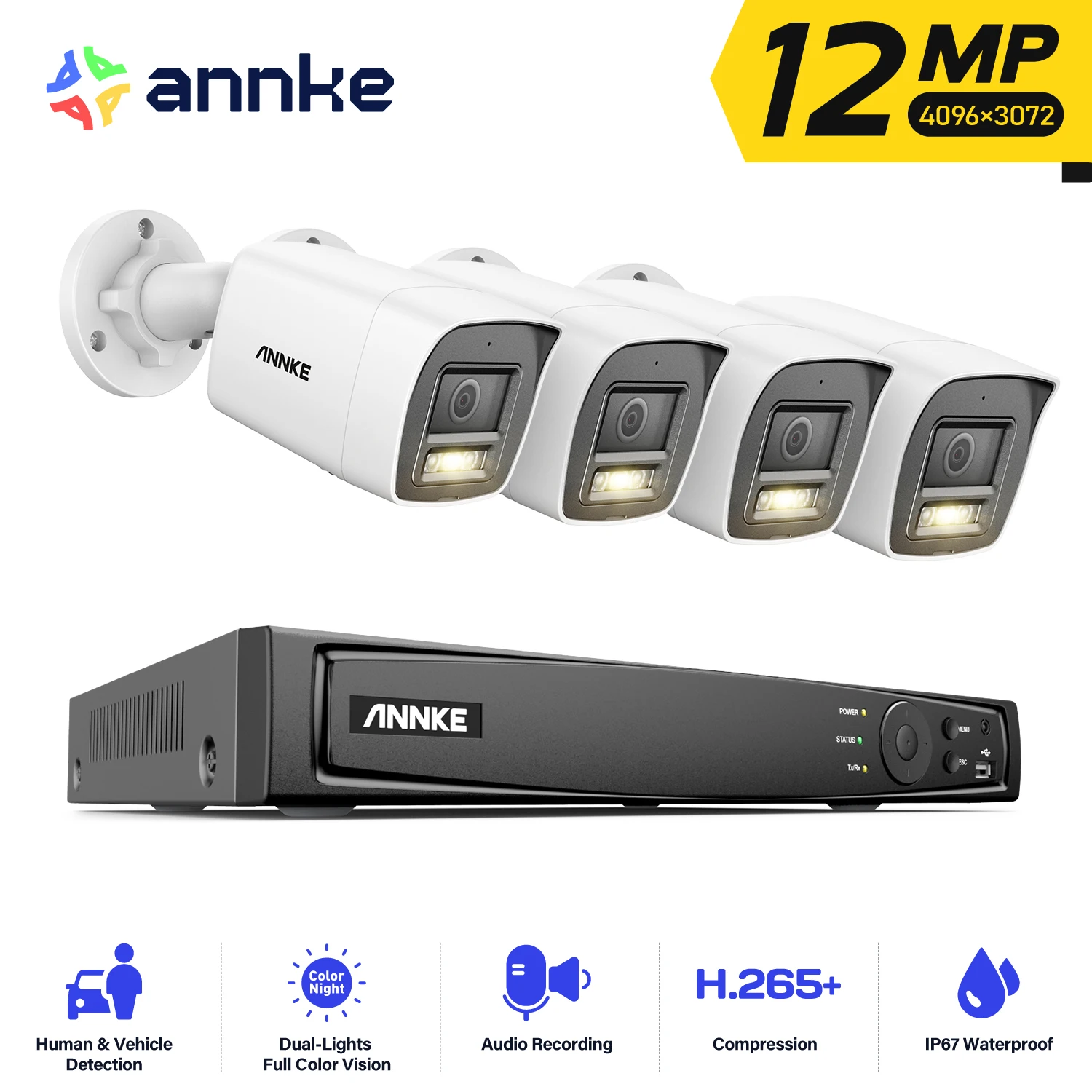 ANNKE 12MP PoE Security Camera System, 8CH CCTV System with 4X12MP IP Camera Outdoor with Human & Vehicle Motion Detection, IK10 & IP67, Remote Access