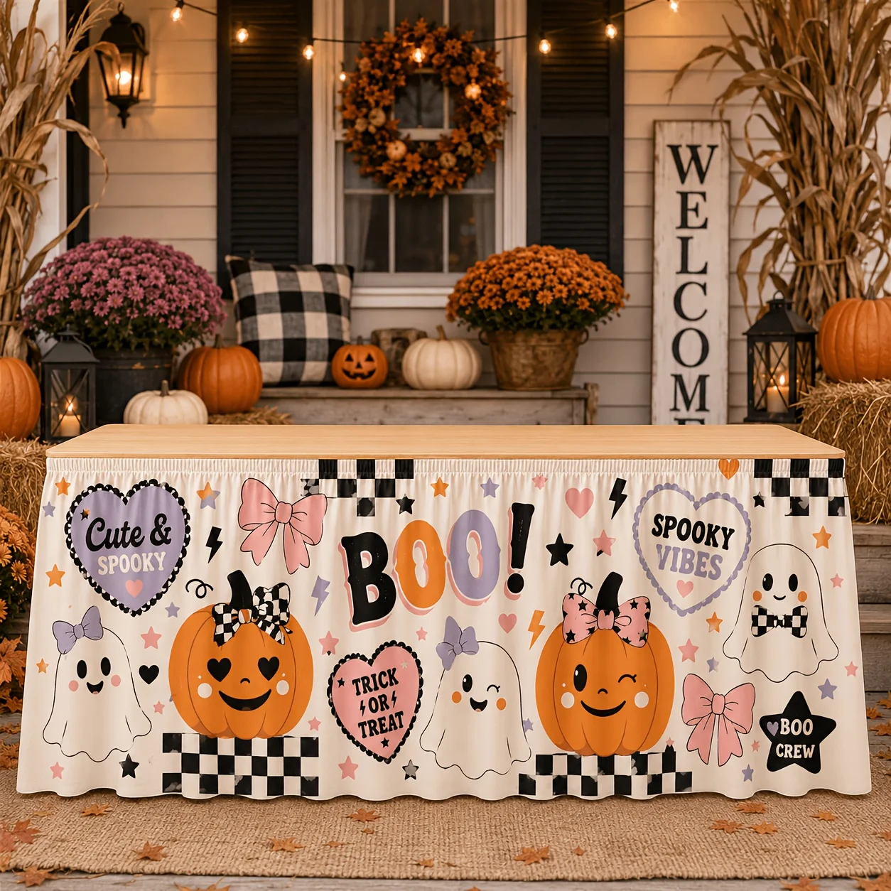 1 piece of 2D flat banner tablecloth table skirt - Cute girl style Halloween table skirt Boo, pumpkin pink, purple bow tie