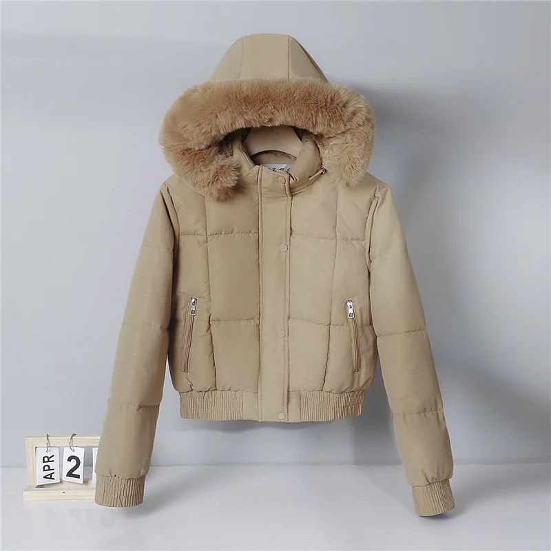 Female Fleece Warm Bread Jacket Student Coat Outerwear Women Winter Jacket Solid Hooded Fur Collar Short Cotton Padded Jacket