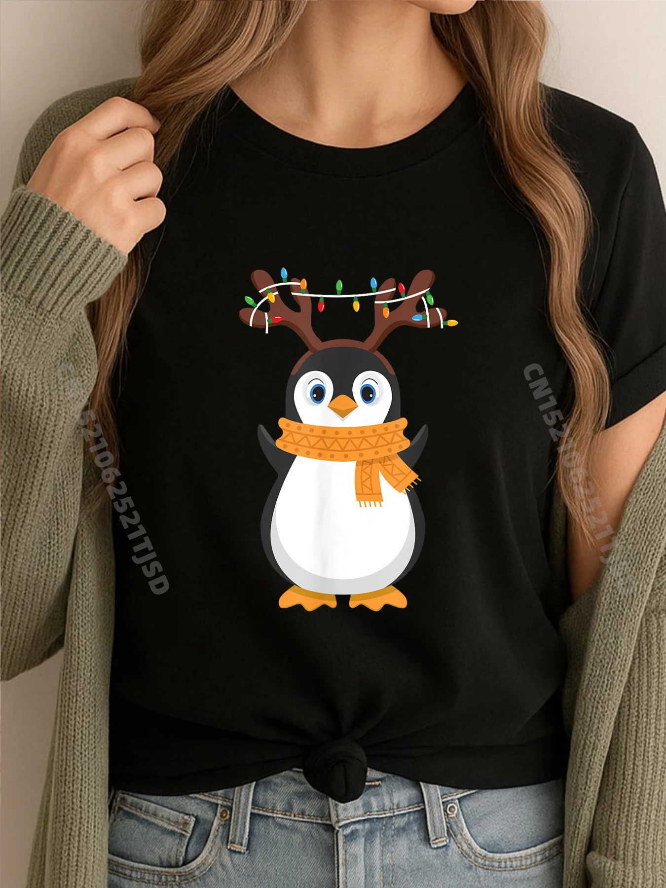 

Рождественская праздничная пижама с изображением пингвина и оленя, 2020, милая футболка Grpahic