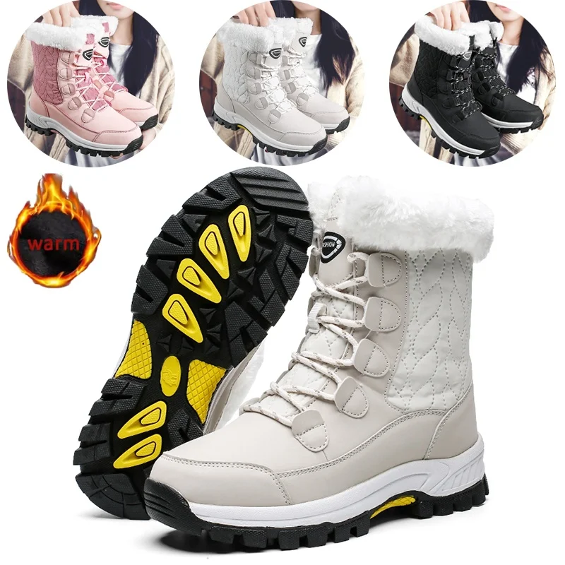 

Winter Women's Snow Boots Anti-Slip Fleece Lined High Top Cotton Shoes Waterproof Outdoor Travel Shoes Large Size Mid-Calf Boots