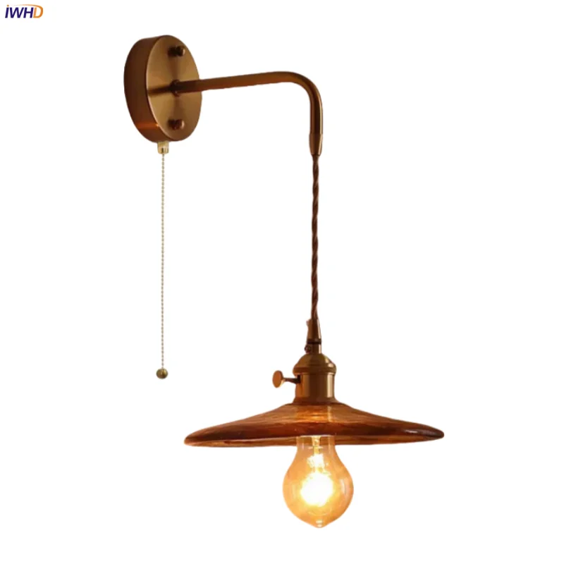 

IWHD Nordic Minimalism Glass LED Wall Sconce Lamp Bedroom Loft Bathroom Mirror Stair Light Pull Chain Copper Applique Murale