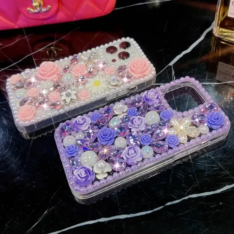 Handmade Rhinestone Phone Case For Samsung Galaxy S24 S10 S20 Plus S21 FE S22 23Ultra Note20 10 Cover Flowers Telefon Celular