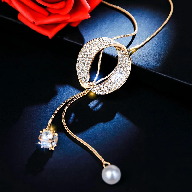 Fashion Long Chain Sweater Necklaces & Pendants for Women Zircon Round Circle Pendant Necklace Female Jewelry