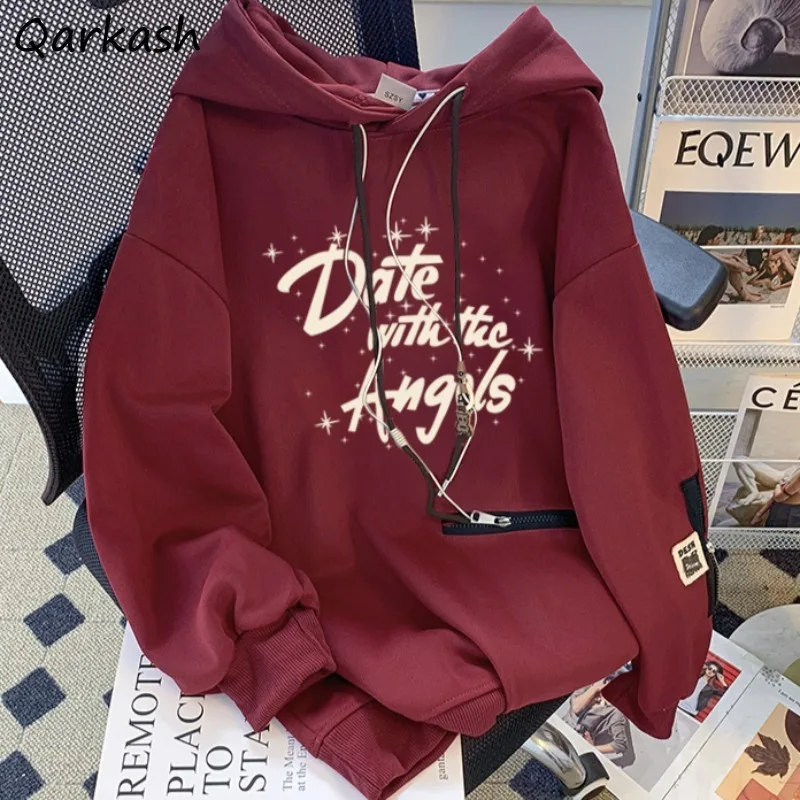 Letter Hoodies for Women Long Sleeve Autumn Winter Casual New Hooded Cool Girls Students Young Niche All-match Solid Ulzzang