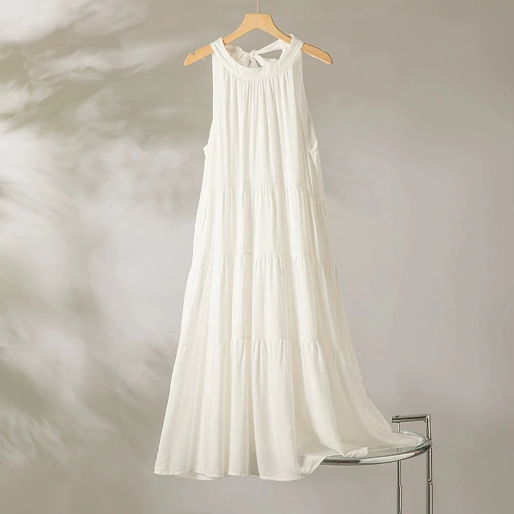 

Halter Sleeveless Tiered Dress Women Korean Ruffle Patchwork Robe Beach O-neck Loose Sundress Sweety Vestidos Flower elegant tra