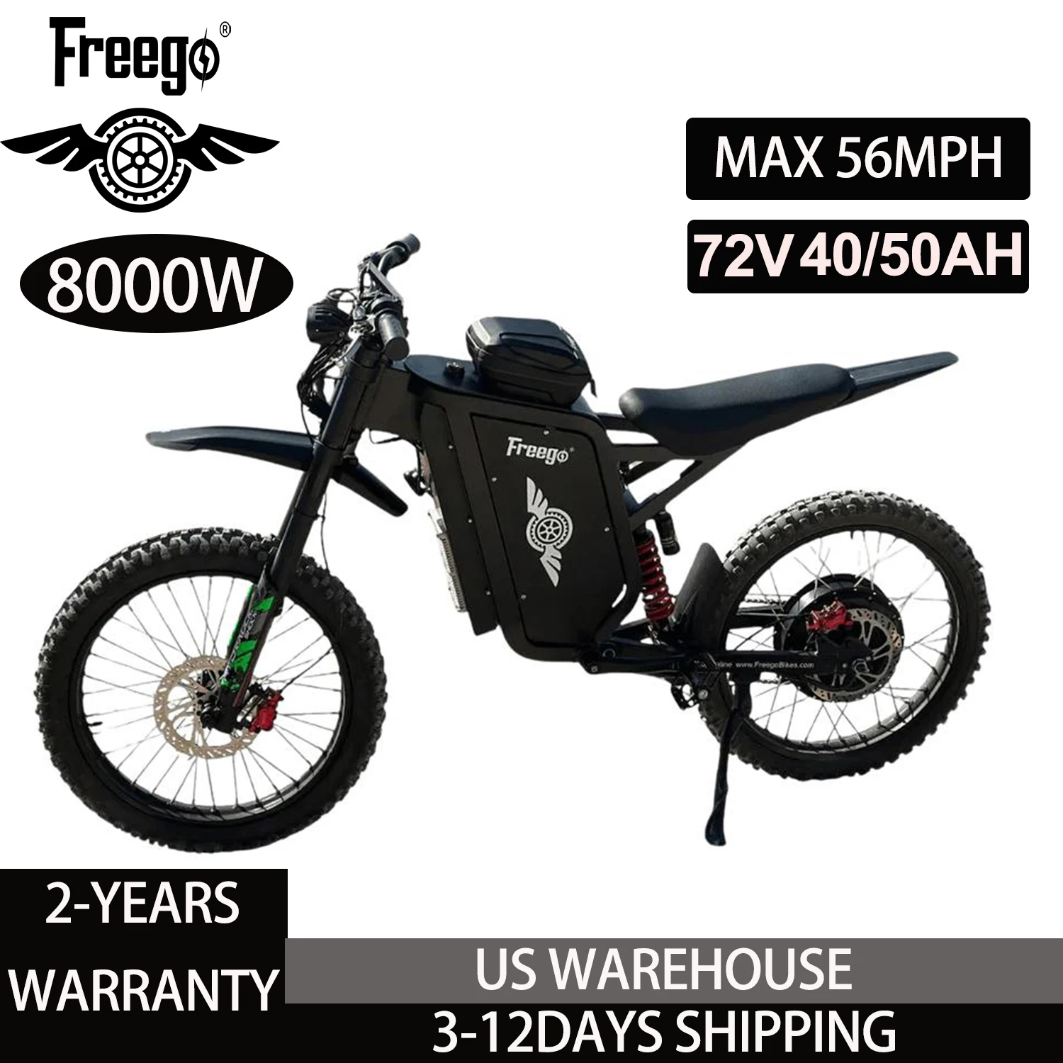 

Электрический мотоцикл Freego X3 для взрослых, электрический внедорожный мотоцикл с двигателем 8000 Вт (пиковая мощность), съемная батарея 72В/40Ач, скорость до 56 миль/ч, для бездорожья.