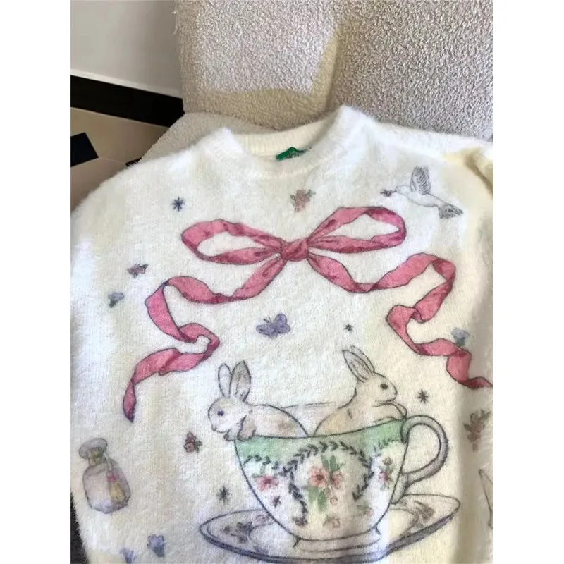 Vintage Y2K Cartoon Rabbit Printed Sweater for Girls Loose Oversized Knitted Pullover Soft Comfortable Winter Clothes