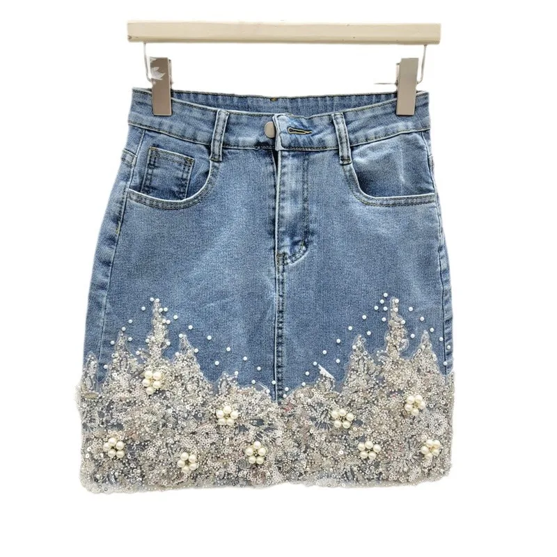 2024 Sommer neue Schwerindustrie Perlen Scheiden rock Frauen Mode Blume bestickt Stretch abnehmen hohe Taille Jeans rock