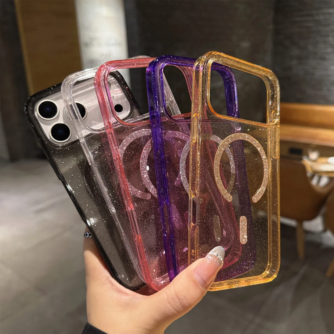 

Роскошный элегантный блестящий чехол для iPhone 12 13 14 15 16 17 Pro Max Plus с магнитной беспроводной зарядкой и защитой от ударов