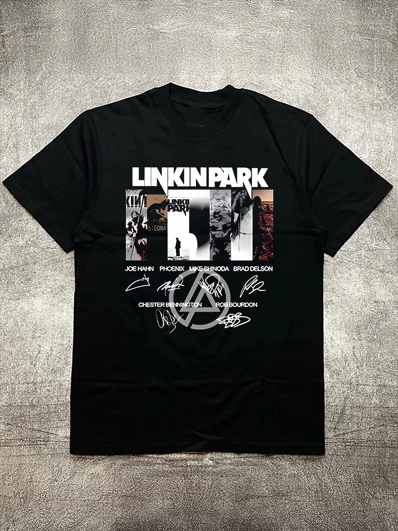 

2025 Cotton Men's Black T-shirt, Linkin Park Themed Graphic with Member Signatures, Iron-on Print, Everyday Casual Ins Y2k Hot