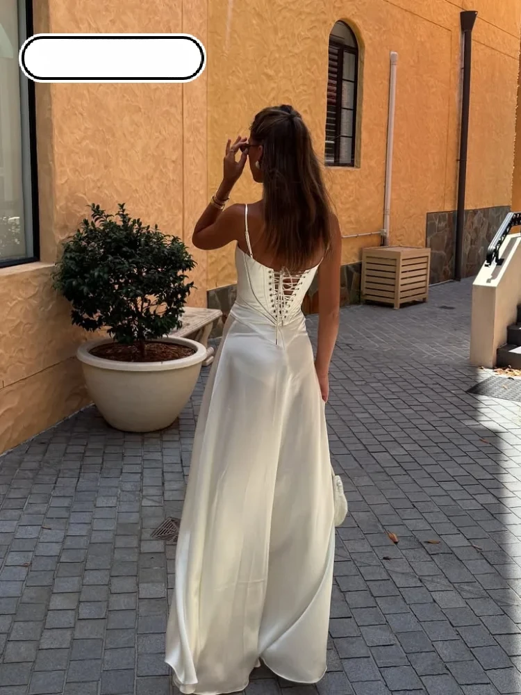 

Elegant Lace Up Solid Camisole Maxi Dresses Fashion New Contrasting Cropped Long Gown 2025 New Female Party Beach Evening Robes