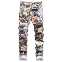 Men Classical Painting Print Jeans Fashion Angel Immortal Stretch Pants Slim Tapered Denim Trousers