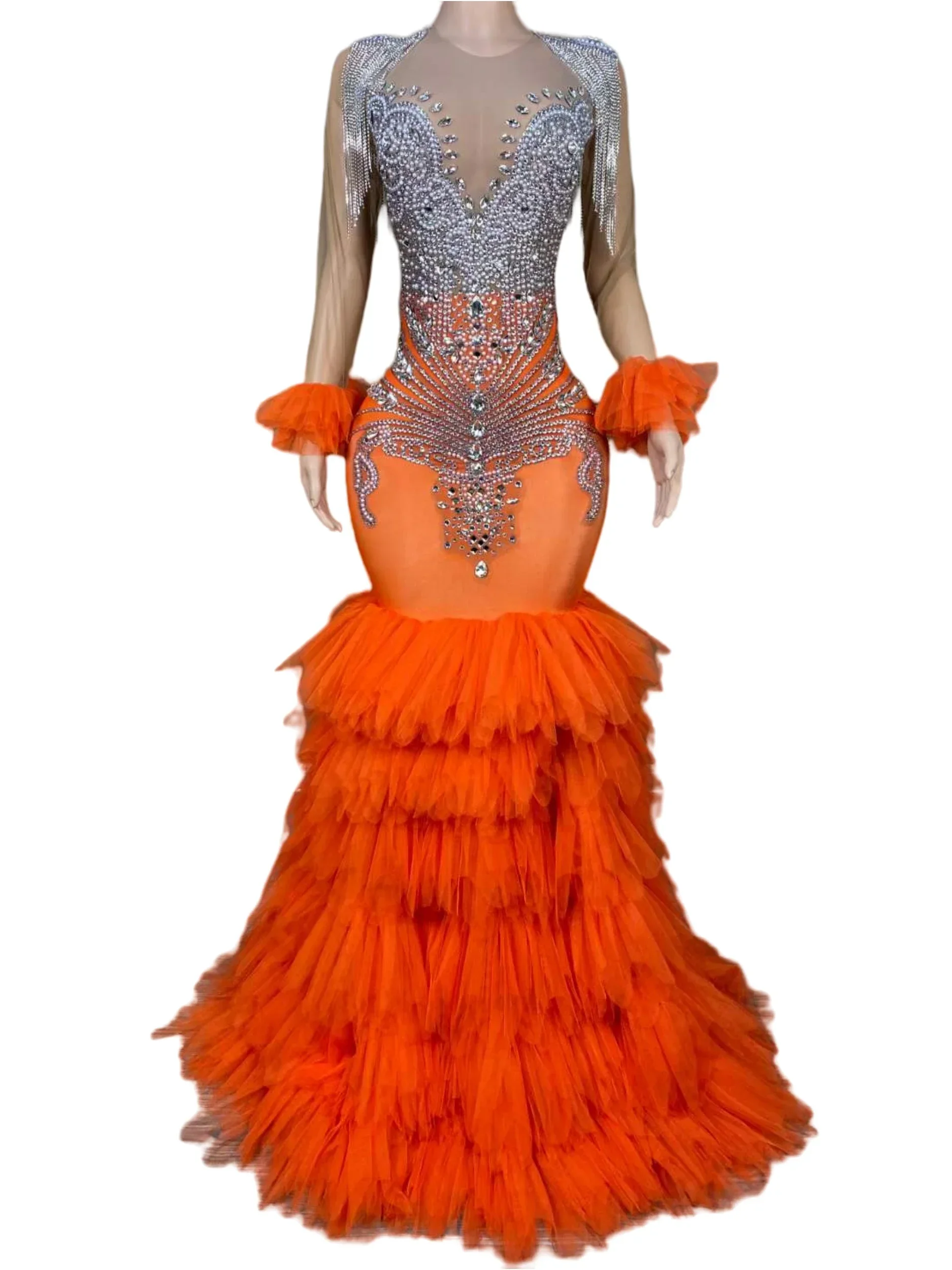 Orange Rhinestone Dresses Mesh Floor Long Dress Birthday Evening Prom Wedding Stage Wear Drag Queen