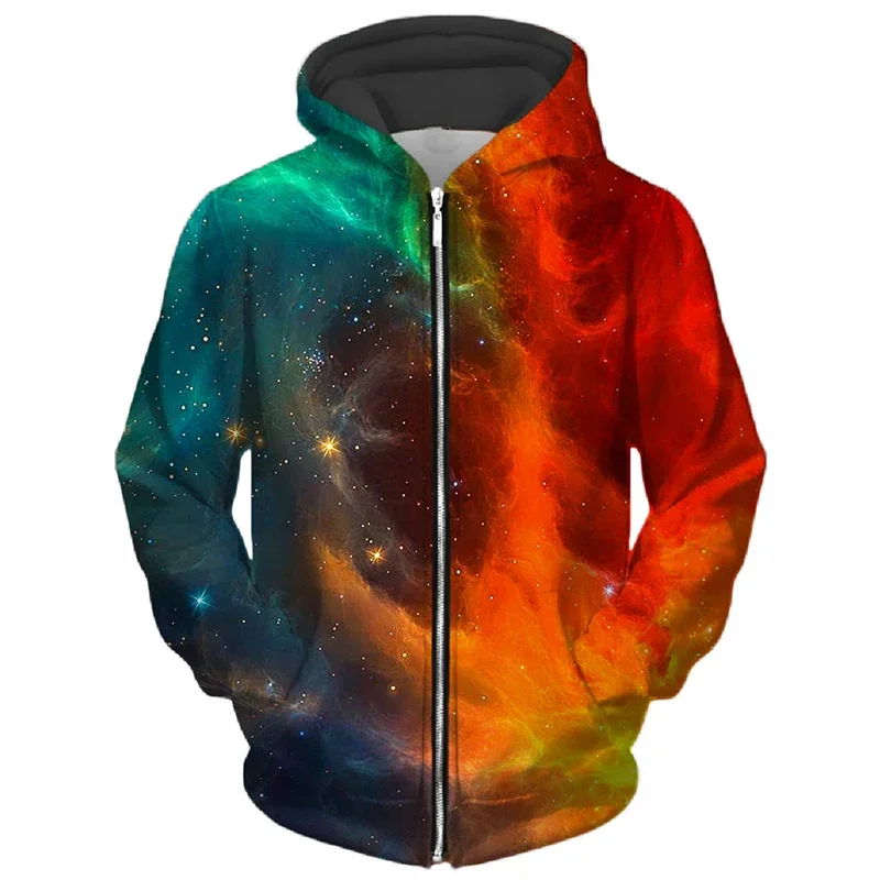 Men Zip Up Hoodie 3D Galaxy Nebula Sweatshirt, Cosmic Space Star All Over Print, Long Sleeve Pocket, Psychedelic Streetwear