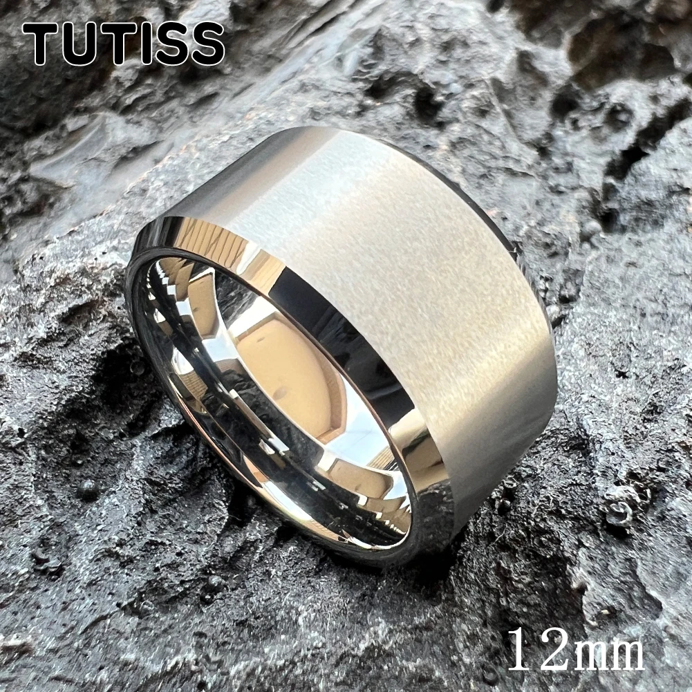 TUTISS 10mm 12mm Men Tungsten Carbide Ring Silver Color Big Thumb Ring With Beveled Edges Brushed Finish Comfort Fit