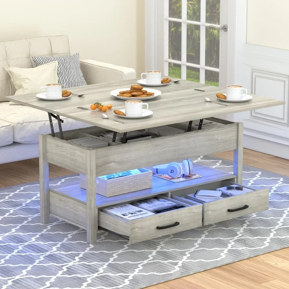 Elevated Coffee Table, 3-in-1 Multi-Function, LED with Drawers, Hidden Compartments,Converts To Dining Table,Coffee Center Table