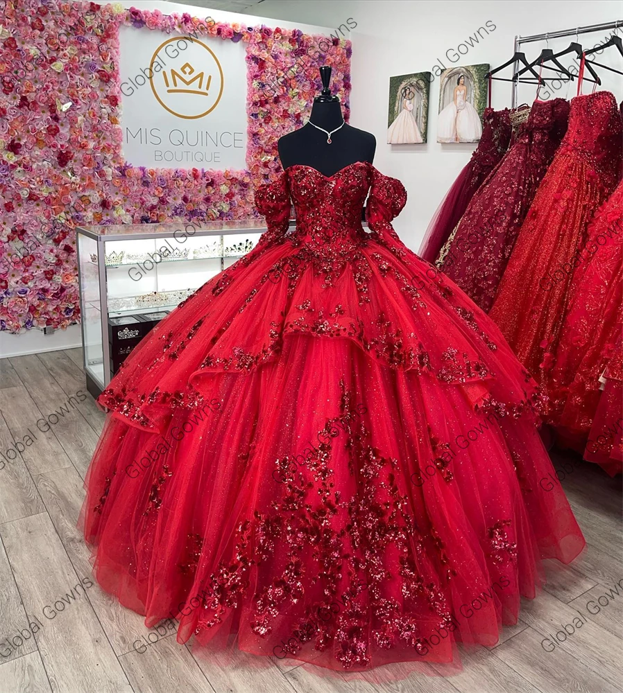 Vestido de baile vermelho do ombro para meninas, vestidos de lantejoulas com renda, quinceanera, vestidos de festa de aniversário, vestido de formatura e formatura