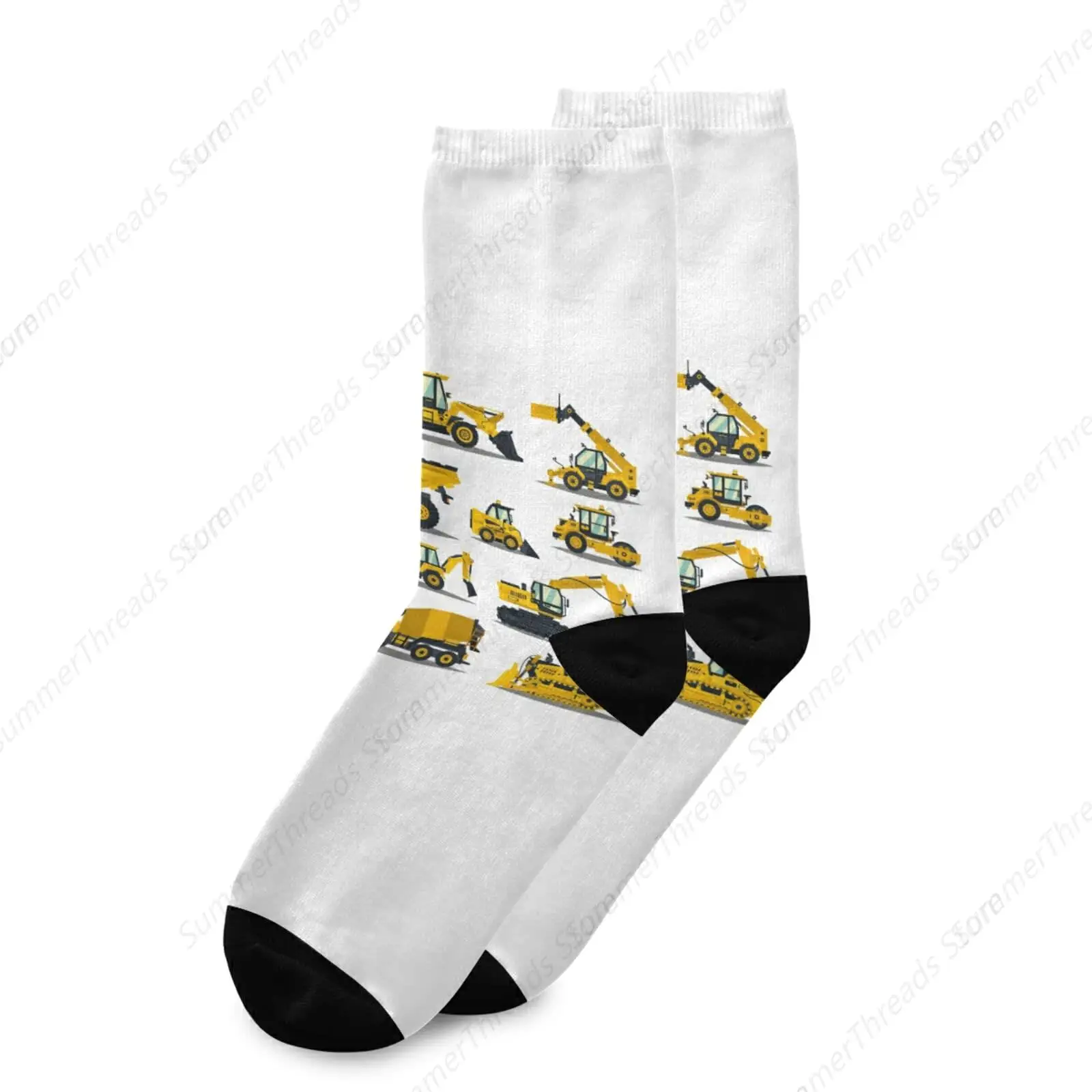 Yellow Construction Excavators, Tractors, Bulldozers, Trucks Unisex Long Casual Socks Athletic Crew Socks for Women Men