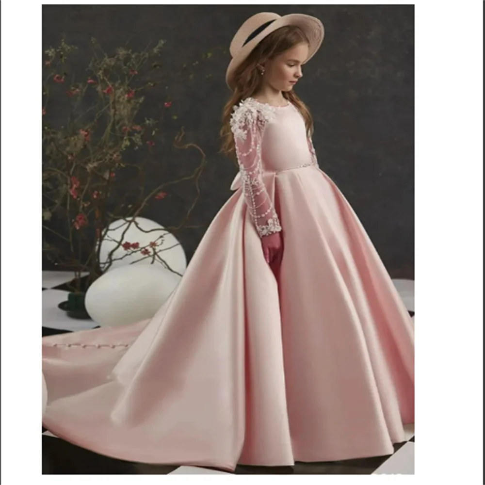 EVLAST-vestido brillante de flores para niña, calcomanía de satén de manga larga, cinturón de lazo, fiesta de boda, vestido de primera comunión para niño, vestido de desfile, TFD051