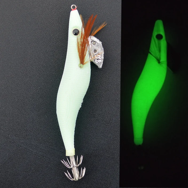 1PCS  Luminous Squid Jigs  White Glow Wood Shrimp with Octopus Squid Jig Hooks Cuttlefish Fishing Lure Size 2.5# 3.0# 3.5#