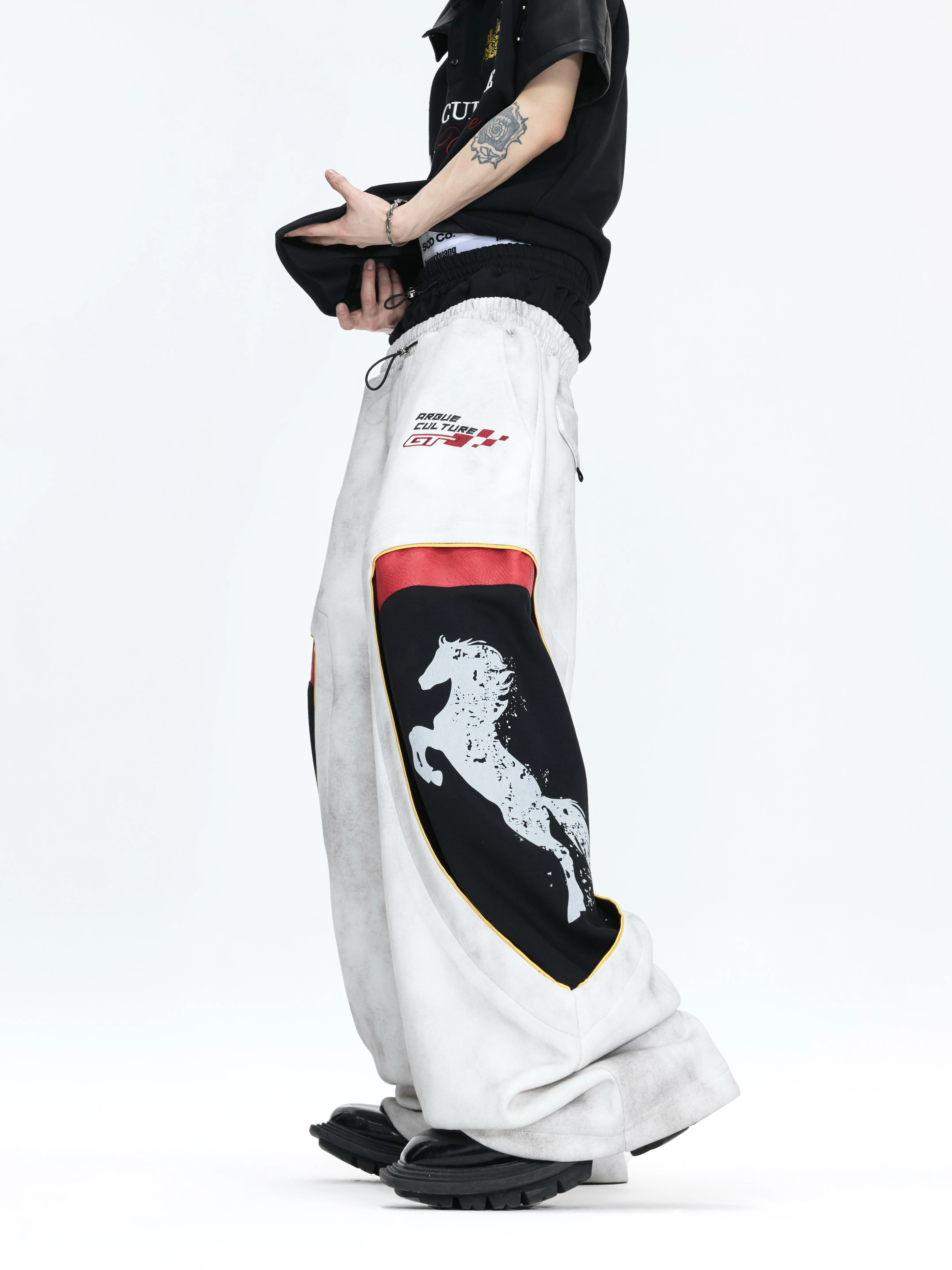 

ArguE Racing Car Embroidery Fake Two-Piece Washed Baggy Style Long Pants High Waist Straight Leg Casual Trousers for Youth