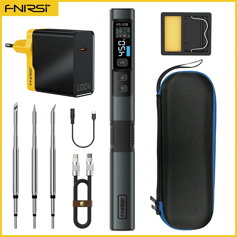 FNIRSI HS-02 Smart Electric Soldering Iron 100-450℃ Temp Adjustable PD 65W Portable Welding Rework Station Solding Irons Kit