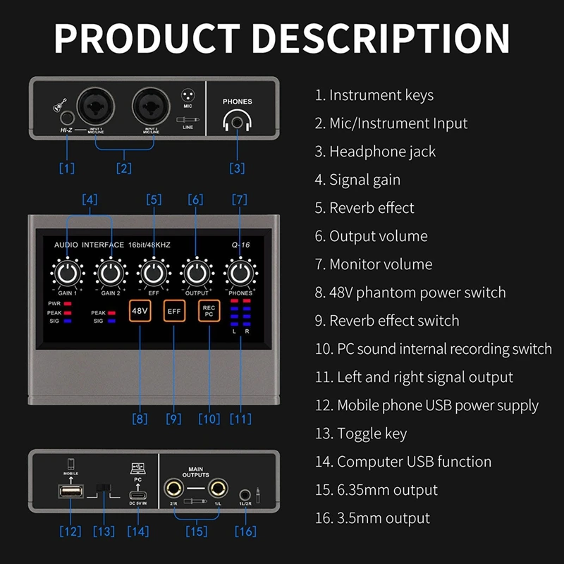 Professional Audio Mixer USB Audio Interface Sound Card DJ Equipment Recording Studio Electric Guitar Converter