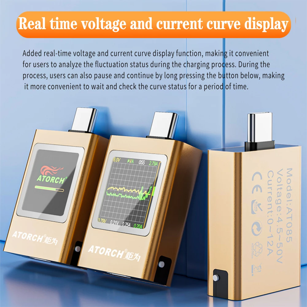 디지털 디스플레이 전압계 전류계 충전기 테스터, DC 4.5-50V 0-12A 600W PD3.1, C 타입 휴대폰 충전기, TFT G-센서 테스터, AT085C
