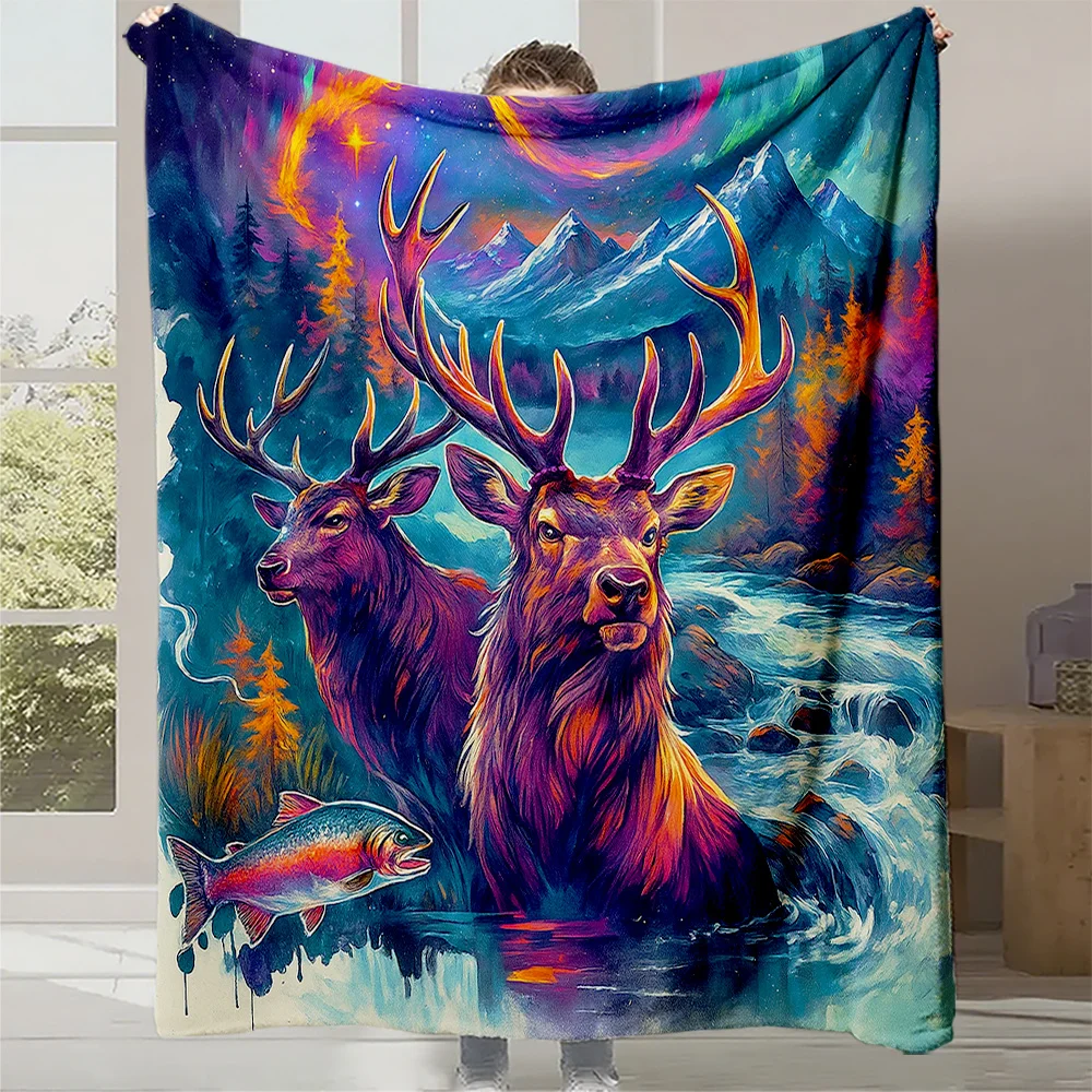 1pc Northern Stag & Forest Fleece Blanket - Aurora Borealis Moose Print, Plush Thick All-Season Bedspread, Soft Quilted-like Bed