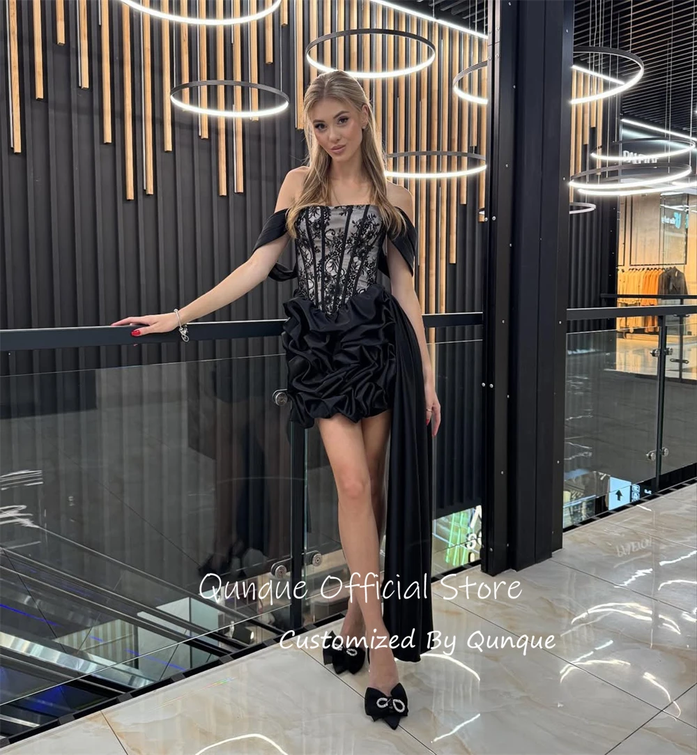 Dianruo Pleated Black Trailing Side Panel Prom Dresses Off The Shoulder Robes Habillées Lace Mini Homecoming Dress Customized