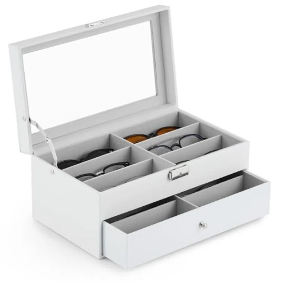 Sunglasses Organizer with 12 Slots, Leather Eyeglasses Storage Box for Women Men, 2 Story Lockable Display Case for Multiple Gl