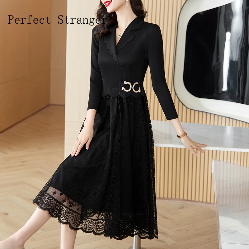 2024 Sanzhai Vestidos Spring New Miyake Pleated Elastic Women Waist Slim High Waist A-line Large Hem Suit Neck Lace LongDress