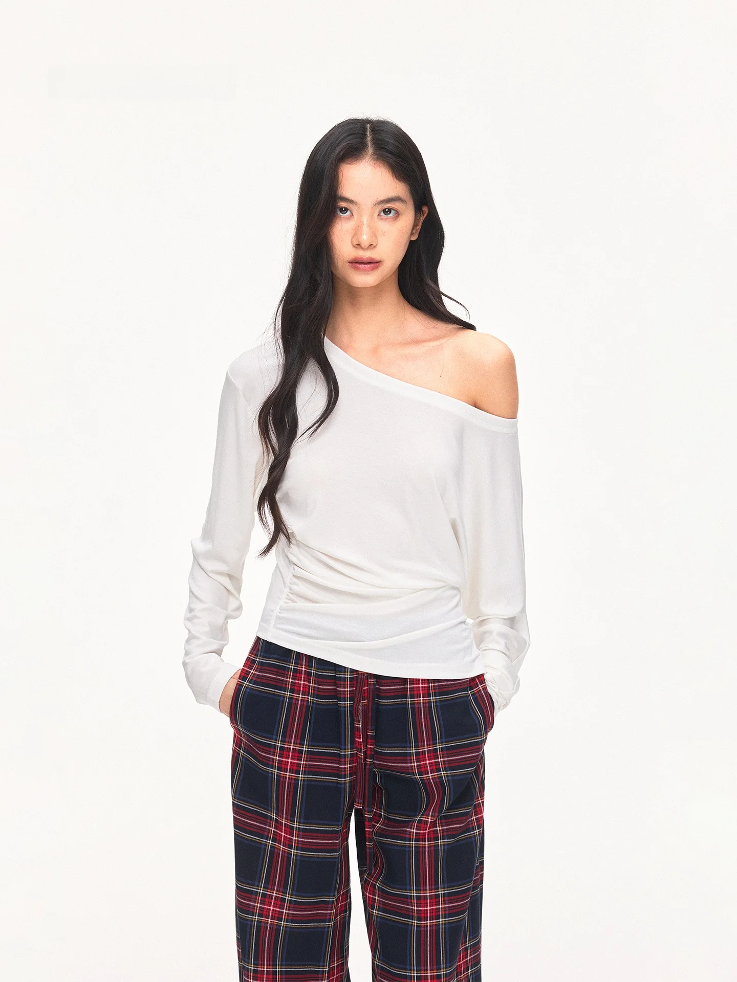 UnderStress Casual Long Sleeve T-Shirt Waist Cinched Folded Design Simple Style Women's Top Polyester Lyocell Fiber Blend