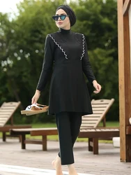 Maillot de bain à manches longues pour femme musulmane, burkini à couverture complète, design à bord frisé, 3 pièces