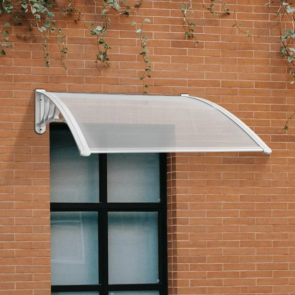 Window Awning Outdoor Polycarbonate Hollow Sheet Door Patio Canopy (40''x40'', White Canopy/Pure White Bracket),Awnings