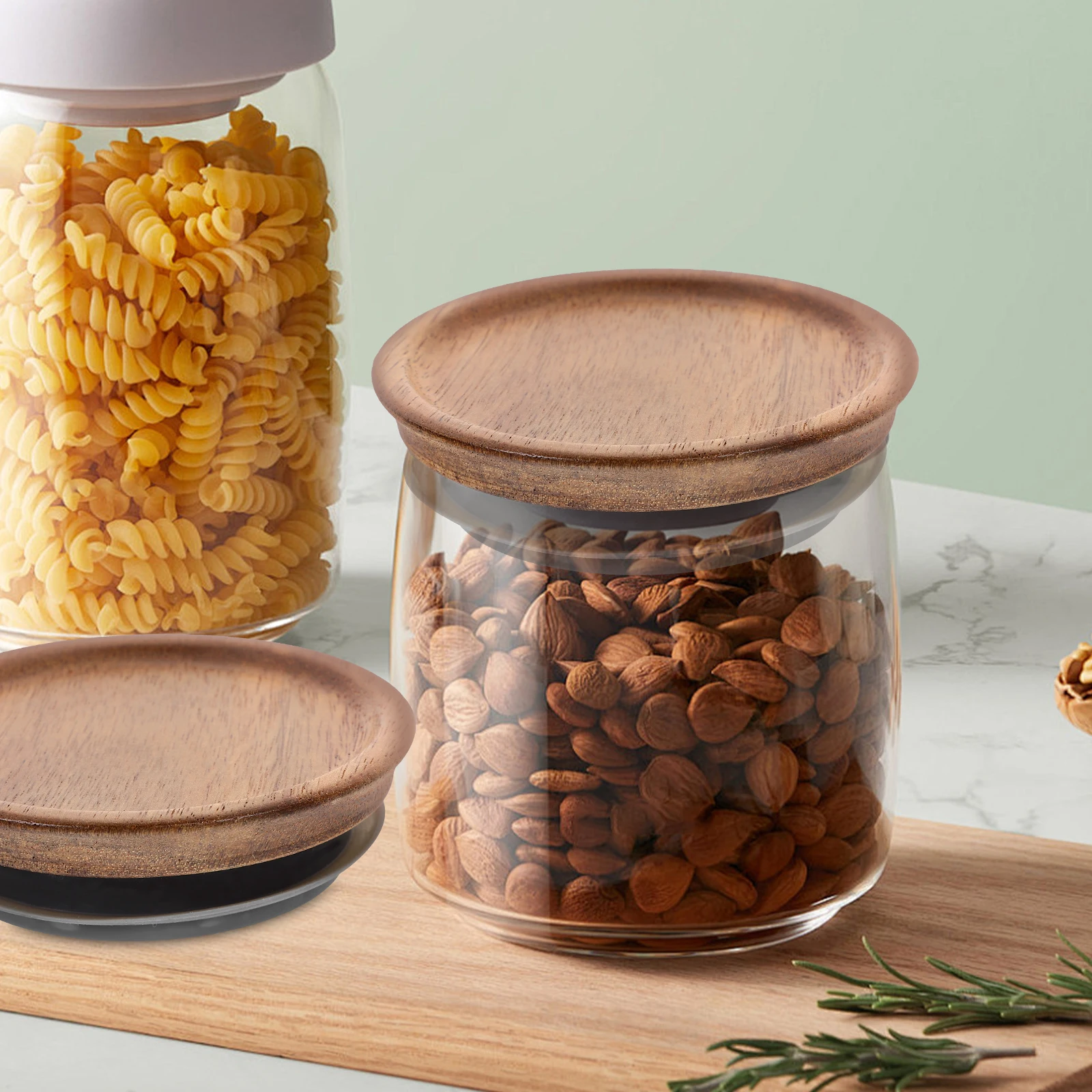 

2Pcs Mason Jars Wooden Airtight Lids Leak Proof Kitchen Storage Jar Covers Silicone Seal Wide Mouth Caps Jars Lids