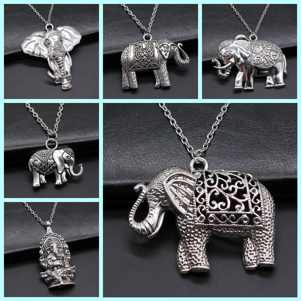 Thai Elephant Pendant Necklace Fashion Vintage Antique Silver Color Big Elephant Necklace Long Chain Metal Chain Necklace