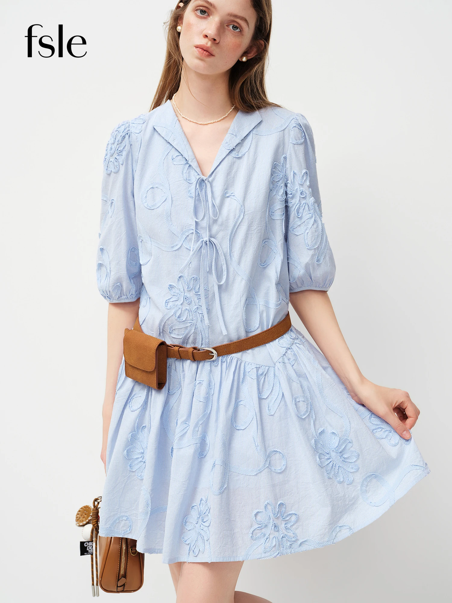 FSLE Primavera 2026 Nuevo Vestido Midi a Rayas con Bordado Floral y Cintura Ajustable para Mujer, Vestido Maxi Estilo Boho Chic Y2K de Manga Media Larga