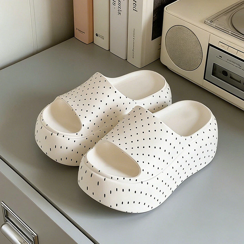 8CM Platform Wedge Slides for Women Summer EVA Arch Support Thick Sole Dot Print Non-slip Beach Slippers Comfortable Standing