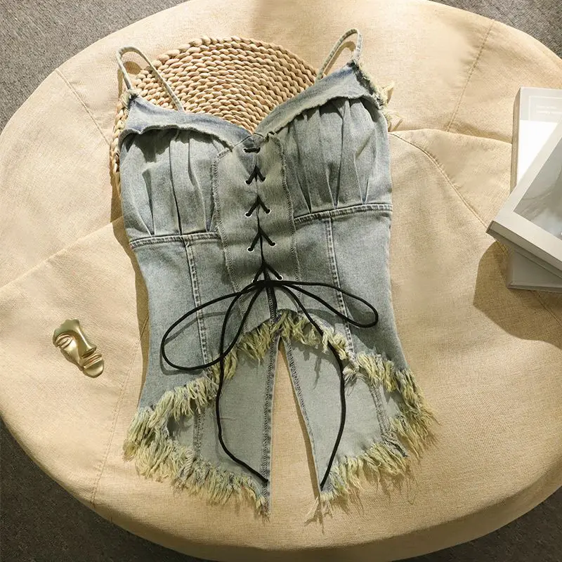 

American sexy spicy girl denim strap camisole summer new style tassel simple Korean version waist cinched V-neck top