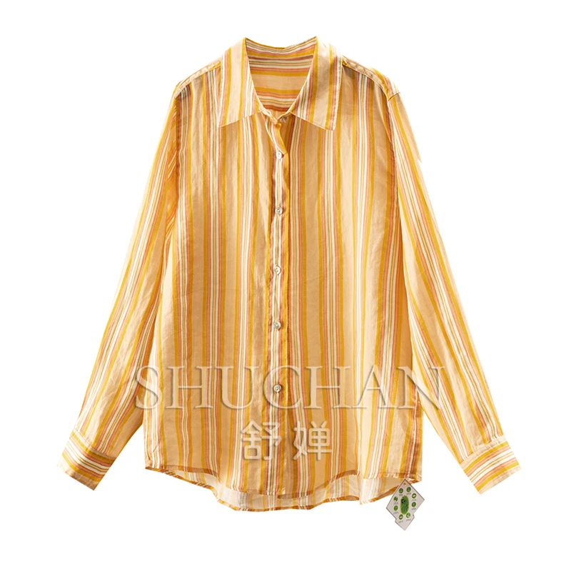

Color Striped 100 Ramie Arc Pendulum Long Sleeve Sunshade Shirt Women's 70A6 Blusas Mujer De Moda 2025 Verano