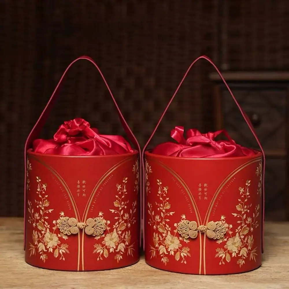 

Frog Botton Flower Bucket Bag Large Capacity Festive Sugar Bag Chinese Style Handbag Cosmetic Makeup Bag With Drawstring Bag