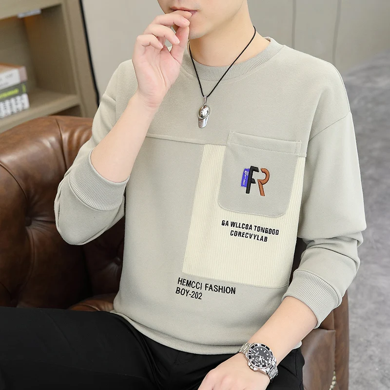 

Men's Slim Fit Hoodie Long Sleeve round Neck T-Shirt Casual Bottom Shirt Autumn New Style Pocket Design Comfortable Cotton Po...