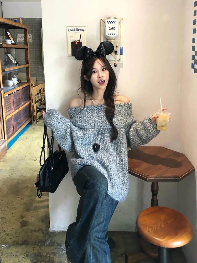 

Adan с открытыми плечами Thi шерстяной трикотаж свободного кроя осенний корейский женский свитер уютный мягкий длинный свек топ на одно плечо