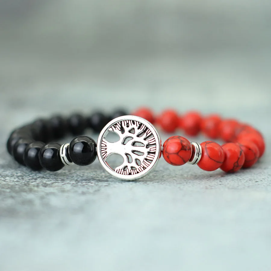 New Fashion Life Tree Bracelet For Men Bicolor Natural Tiger Eyes Obsidian Stone Braslet Lucky Red Howlite Charm Braclet Pulsera - view 6