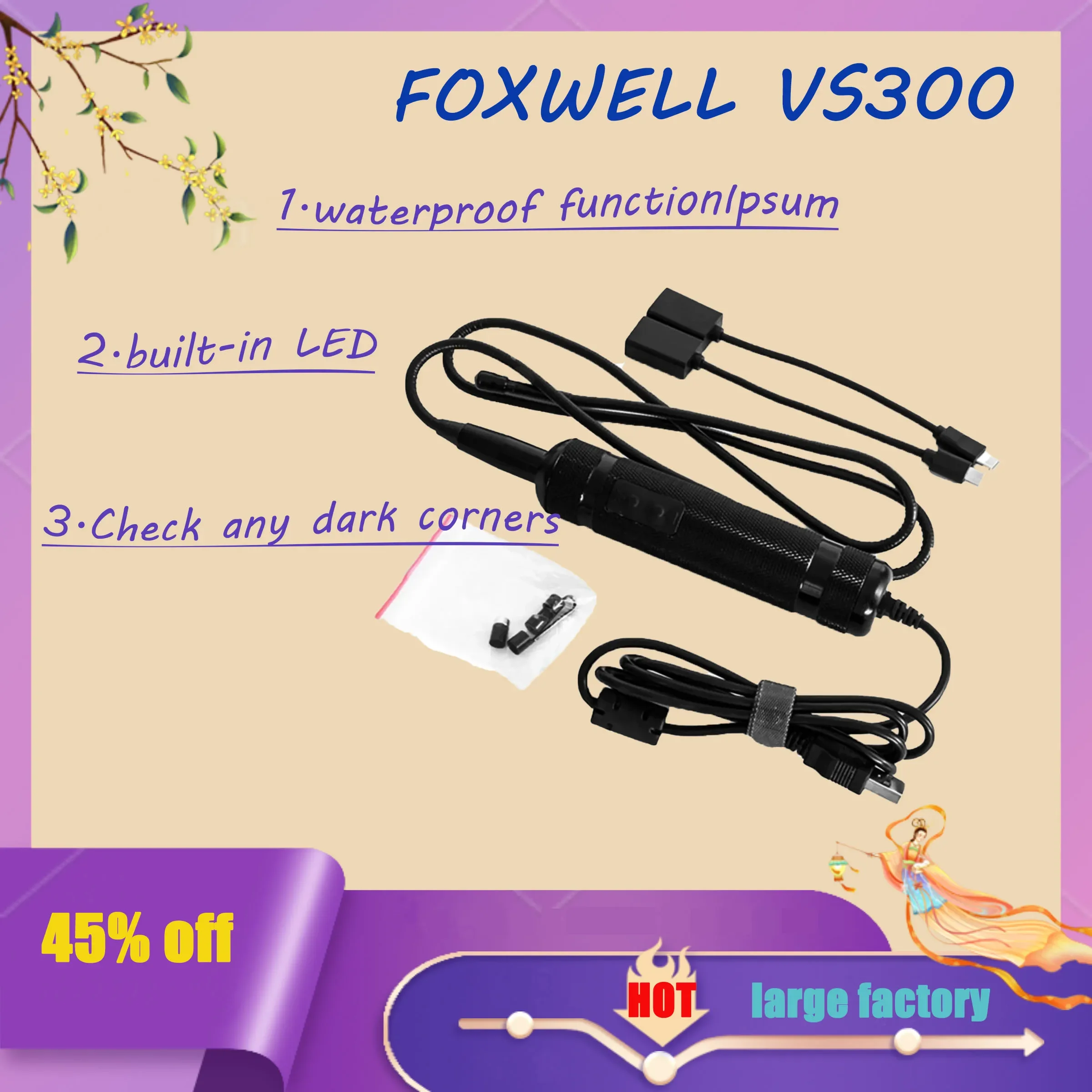 

FOXWELL VS300 Probe Camera Inspect Any Dark, Fluid Soaked and Hard to Reach Areas Inserting Probe Car Accessories