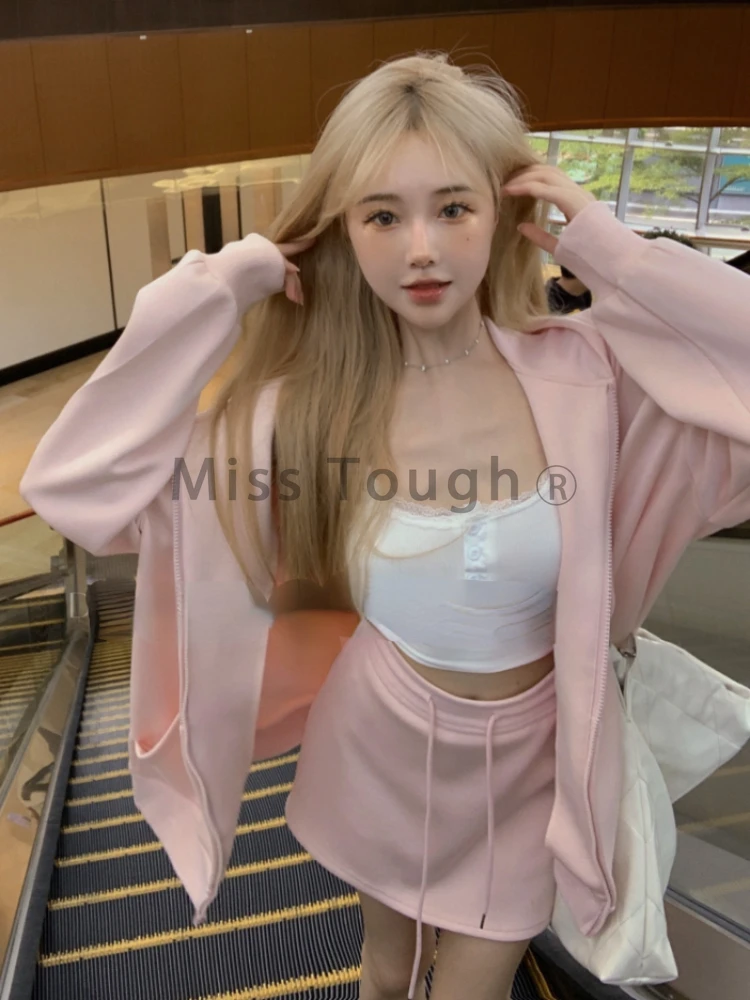 Autumn Korean Fashion Y2k Two Piece Set Women Sportwear Elegant Tracksuist Female Hooded Sweatshirt＋Sweet Skirt Set 2023 New