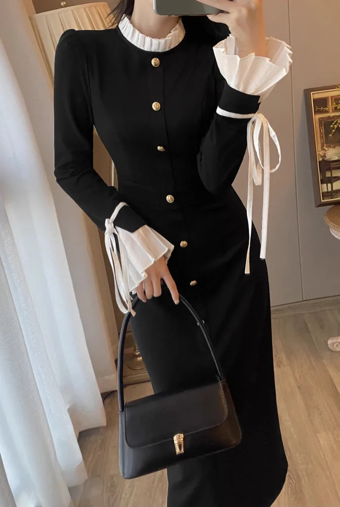 Hepburn Style Autumn Winter Dress Women Single Breasted Ruffle Stand Collar Gold Button Long Sleeve Midi Bodycon Sheath Vestidos